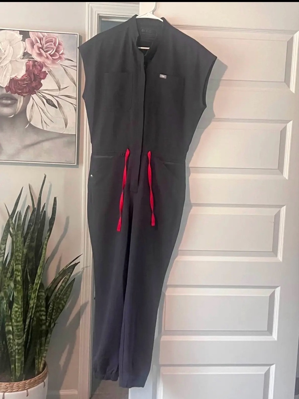 Figs Charcoal Gray Jumpsuit with Red Drawstrings